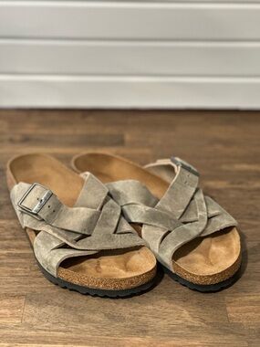 Suede Crisscross Birkenstock Sandals in Taupe